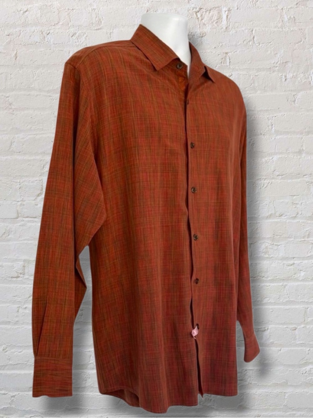 Tommy Bahama Silk Wool Shirt L Burnt Orange Plaid Embroidered Floral Details